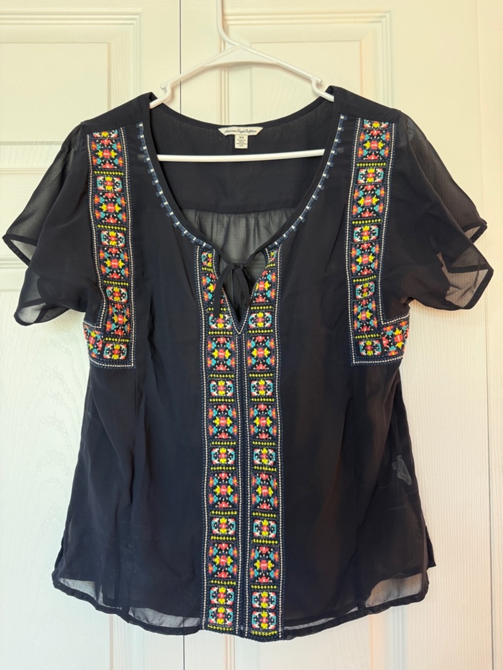 American Eagle Outfitters Navy Blue Sheer Peasant Top with Colorful Embroidery